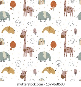 giraffe and  elephant baby cute seamless pattern. Sweet zoo animal print. Mother and child fashion child vector. Cool animals illustration for nursery t-shirt, kids apparel, invitation