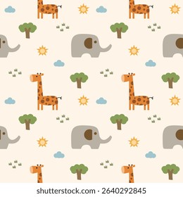 Giraffe elephant cartoon so cute. On tree sun cloud grass background. Pattern seamless vector illustration. 