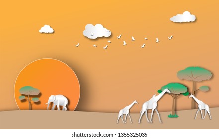 giraffe and elephant  in evening forest of paper art style,vector or illustration with travel concept