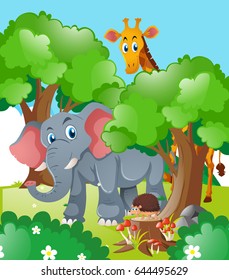 Giraffe and elephant in the forest illustration