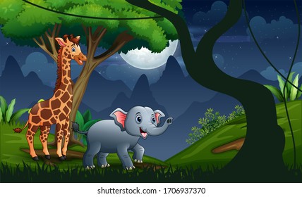 A giraffe and elephant in the forest night