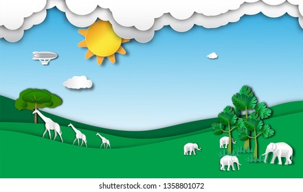giraffe and elephant horde in forest of paper art style,vector or illustration with travel or forest conservation concept