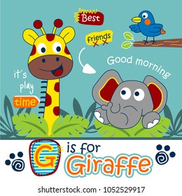 giraffe and elephant in the jungle funny animal cartoon,vector illustration