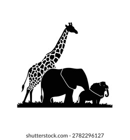 Giraffe elephant and lion standing together in nature