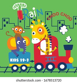Girafa, elefante y mono en el tren. caricatura animal divertida.