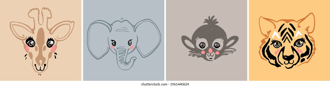 Giraffe, elephant, monkey, tiger. Cartoon pastel color t-shirt print sketch baby kids animals portrait. Cute animal head illustration. Vector hand drawing doodle logo style.