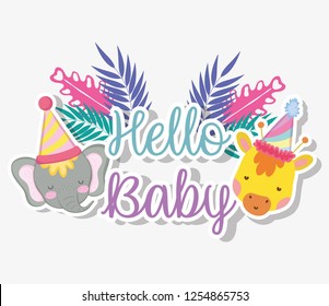 giraffe and elephant with party hat to baby shower