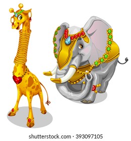 Giraffe and elephant richly adorned with gold and precious stones. Vector illustration.