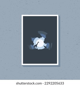 Giraffe and elephant silhouette artwork in blue dark color for wall decoration. 