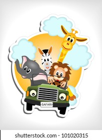 giraffe, elephant, zebra and lion driving green car - vector illustration