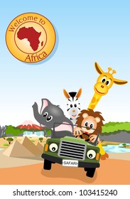 giraffe, elephant, zebra and lion driving green car through african landscape - vector illustration