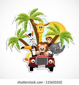 giraffe, elephant, zebra, toucan, monkey and lion driving car - vector illustration