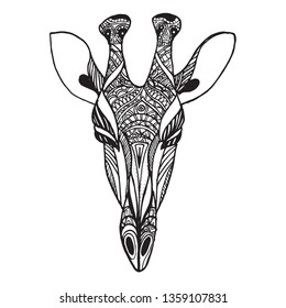 Giraffe. Ethnic patterns. Indian, tribal ornament. African animal. Sketch for tattoos. Design for T-shirts. Vector hand drawn illustration