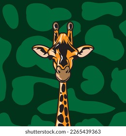 giraffe face front colored with green background