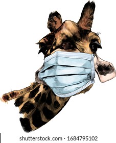 giraffe face in a medical virus mask, sketch vector graphics color illustration on a white background