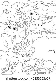 Giraffe family. Animals cartoon. Coloring page outline of cartoon. Vector illustration, coloring book for kids.