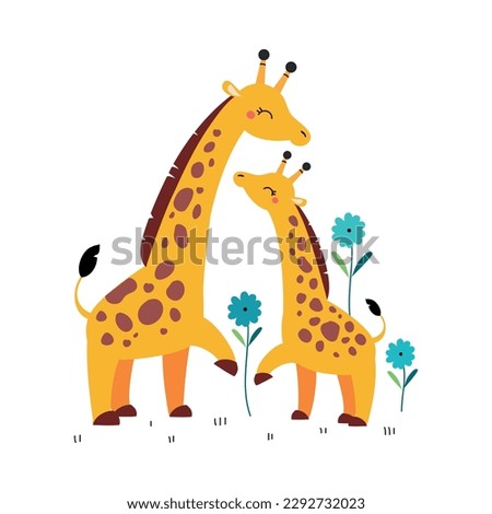 Giraffe family. Cute mom camelopard with her baby cartoon vector illustration