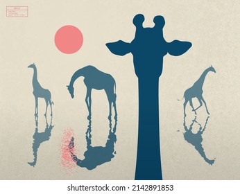 Giraffe Family. Funny Animal Head Silhouette. Full Moon In Night Sky