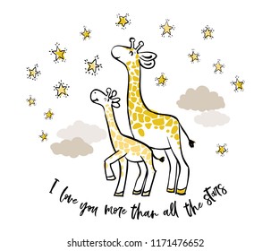 Giraffe Family And Little Stars. Baby Cute Sky T-shirt Design Background. Simple Doodle Hand Drawn Illustration In Watercolor Scandinavian Style. Black, Yellow, Gray Graphic On White Background.