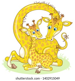 Giraffe family. Mom and her baby. In cartoon style. Isolated on white background. Vector illustration.