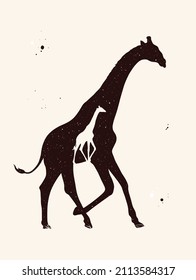 Giraffe family. Mother and child. Animal in savannah. Night starry sky