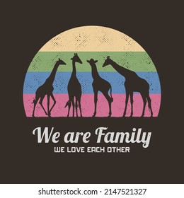 Giraffe family. Mother and child. Animal herd. Retro vintage t-shirt