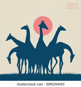 Giraffe family outline. Funny animal herd. Strange creature silhouette