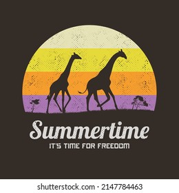 Giraffe family. Running animals in savannah. Retro vintage t-shirt