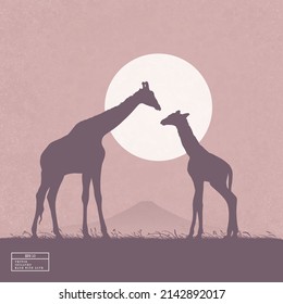 Giraffe family in savannah. Animal silhouette. Full moon, starry night