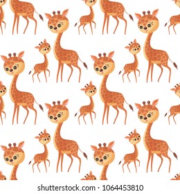 Giraffe family. Seamless pattern with cute animals and their cubs. Colorful vector background in cartoon style.