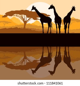 Giraffe family silhouettes in Africa wild nature mountain landscape background illustration vector