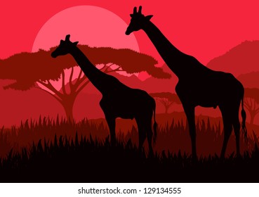 Giraffe family silhouettes in Africa wild nature mountain landscape background illustration vector