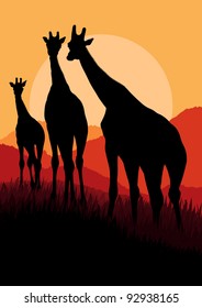 Giraffe family silhouettes in Africa wild nature mountain landscape background illustration vector