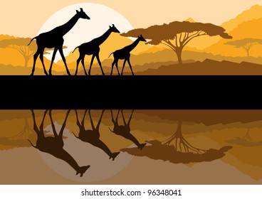 Giraffe family silhouettes in Africa wild nature mountain landscape background illustration vector