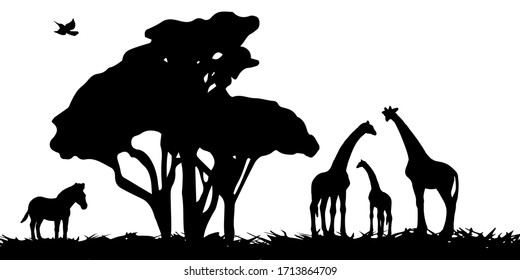 Giraffe family silhouettes landscape background illustration vector