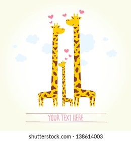 Giraffe family vector postcard