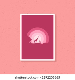 Giraffe father and son silhouette artwork in pink color for wall decoration. 