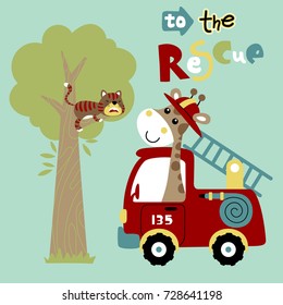 Giraffe The Firefighter In Rescue Mission To Save The Cat On Tree, Vector Cartoon Illustration