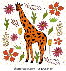 Giraffe flat hand drawn illustration. Cute cartoon animal character on botanical background. Wild animal vector poster 