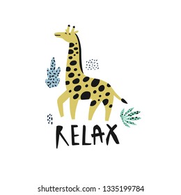 Giraffe flat hand drawn vector character. African animal cartoon illustration. Relax lettering, plant leaves.  Zoo, safari fauna. Travel postcard, kid book clipart