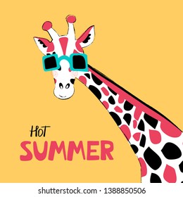 Giraffe flat hand drawn vector characters. Cute african animal cartoon character. Bright poster with a giraffe in glasses with lettering. Kid book, t-shirt, travel postcard design. Vector