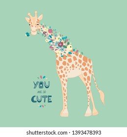 Giraffe flat hand drawn vector characters. Cute african animal cartoon character. A poster with a cute giraffe and flowers. Zoo, safari mammal. Kid book, t-shirt, travel postcard design. Vector