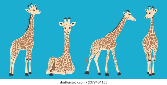 Girafa de estilo plano. Juego de jirafas dibujadas a mano. Ilustración vectorial.