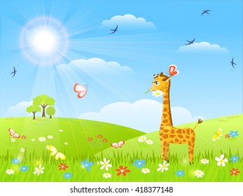 giraffe with flower and butterfly talking on meadow, summer, sun,  vector illustration