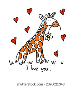 a giraffe with a flower in its teeth, isolated in the style of doodles. Valentine s Day greeting card.