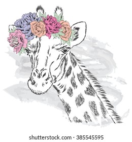 Giraffe in a flower wreath.