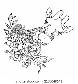 Giraffe in flowers coloring book illustration. Vector outline giraffe illustration. Animal coloring book. Peonies with giraffe coloring page. Anti stress illustration