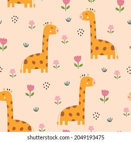 Giraffe with flowers Seamless pattern cute cartoon animal background hand drawn in kid style The design used for Print, wallpaper, decoration, fabric, textile Vector illustration