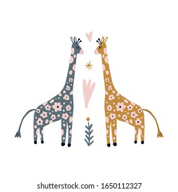 Giraffe flowers skin print, jungle vector baby funny illustration in scandinavian style for kids, safari Africa wild animals, cute little cartoon characters, pastel colors art