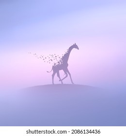 Giraffe and flying birds. Abstract endangered animal. Death, afterlife